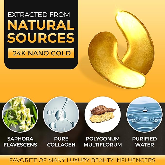 24k Gold Eye Mask - Under Eye Patches for Dark Circles, Puffiness, and Wrinkles - 20 Gold Eye Patches for Puffy Eyes with Collagen and Amino Acids for Intense Hydration and Firming-VivaGrace Women