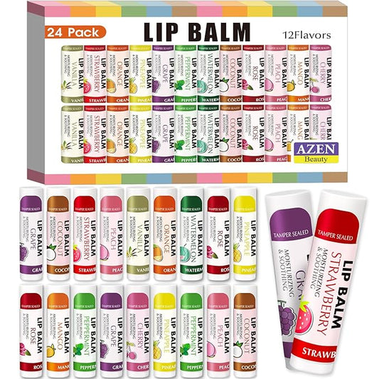 AZEN 24 Pack Lip Balm Stocking, Natural Lip Balm Bulk, Moisturizing Lip Balm for Dry Lips-VivaGrace Women