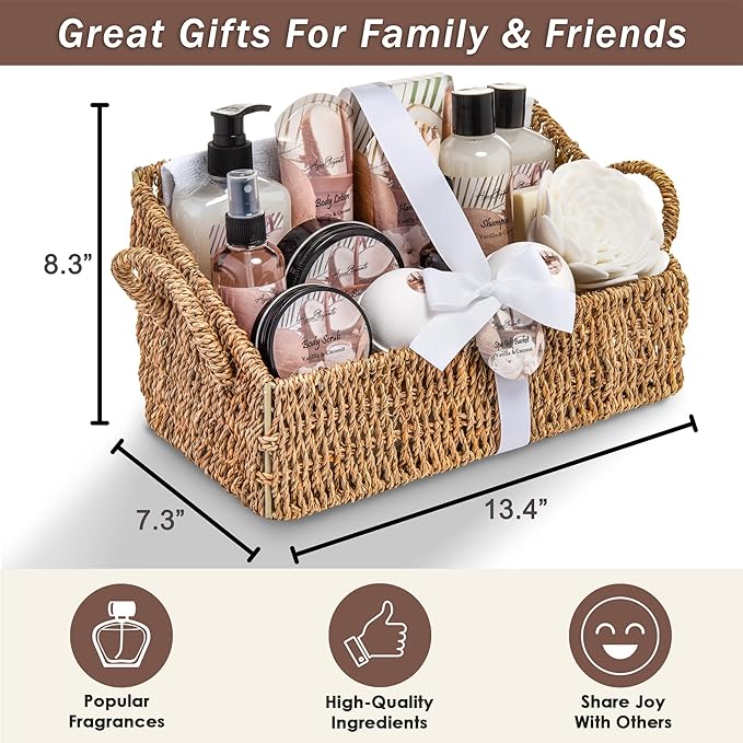 Bath Spa Gift Sets - Luxury Basket With Coconut & Vanilla - Spa Kit Includes Wash, Bubble Bath, Lotion, Bath Salts, Body Scrub, Shower Puff, Bathbombs, Soap in Wooden Basket-VivaGrace Women
