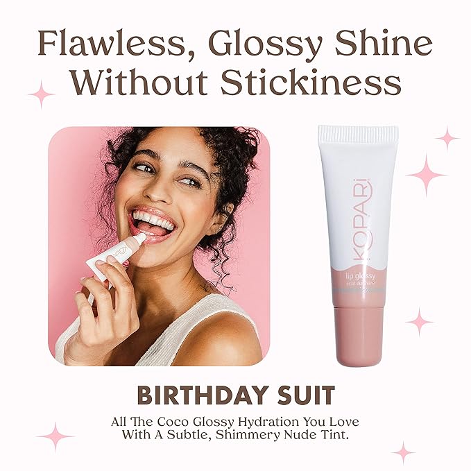 Kopari Coconut Lip Glossy | Nude Tint Birthday Suit | Vegan Hydrating Moisturizing Lip Oil Vitamin E Shea Butter Long Wear High Shine Non Sticky | Natural Clean Plant Based Non Toxic Balm Paraben Free-VivaGrace Women