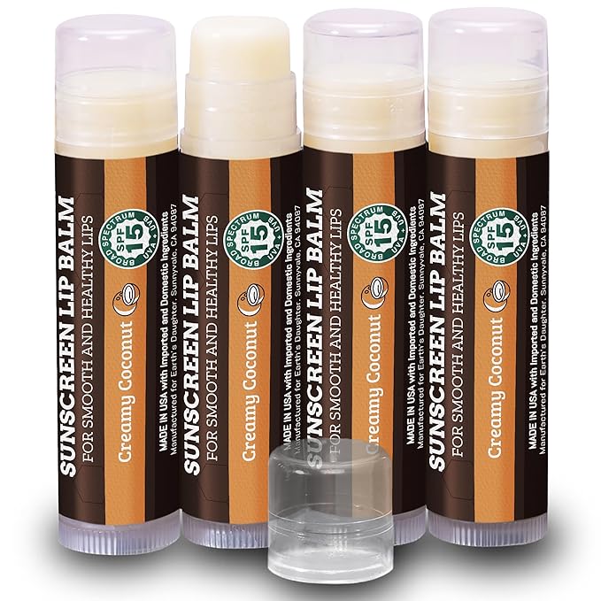 SPF Lip Balm 4-Pack by Earth's Daughter - Lip Sunscreen, SPF 15, Organic Ingredients, Coconut Flavor, Beeswax, Coconut Oil, Vitamin E - Hypoallergenic, Paraben Free, Gluten Free, New-VivaGrace Women