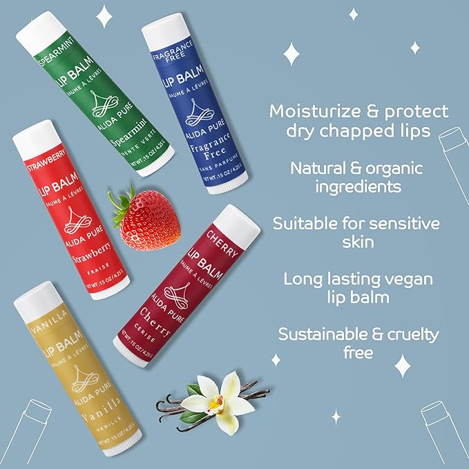 Melody Lip Balm Collection, Vegan Lip Balm Set, Beeswax Free, with Avocado Oil, Organic Jojoba Oil, and Vitamin E, Natural Moisturizer for Dry, Chapped Lips, 5 Tube Set-VivaGrace Women
