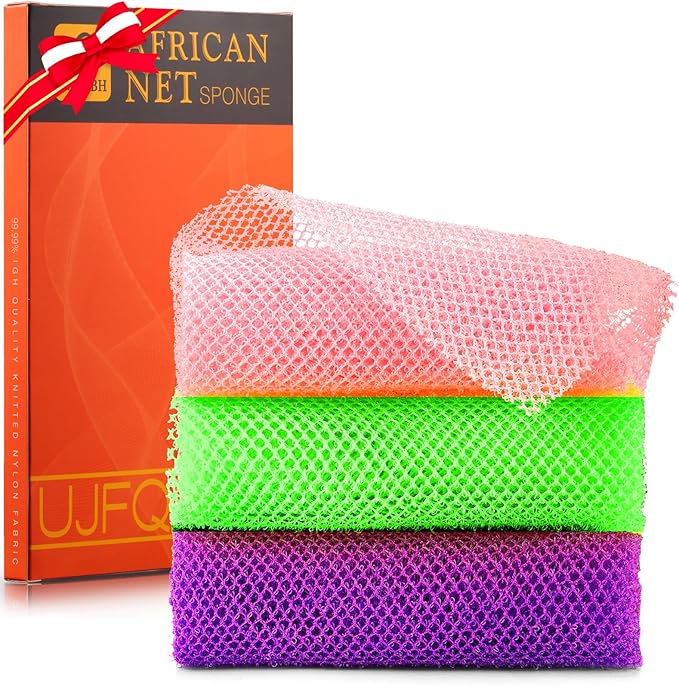 UJFQBH 3 Pieces African Bath Sponge African Net Long Net Bath Sponge Exfoliating Shower Body Scrubber Back Scrubber Skin Smoother,Great for Daily Use (Purple， Pink，Green)-VivaGrace Women