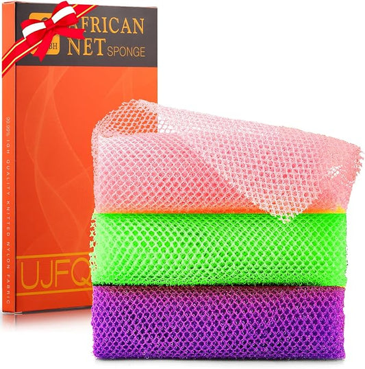 UJFQBH 3 Pieces African Bath Sponge African Net Long Net Bath Sponge Exfoliating Shower Body Scrubber Back Scrubber Skin Smoother,Great for Daily Use (Purple， Pink，Green)-VivaGrace Women