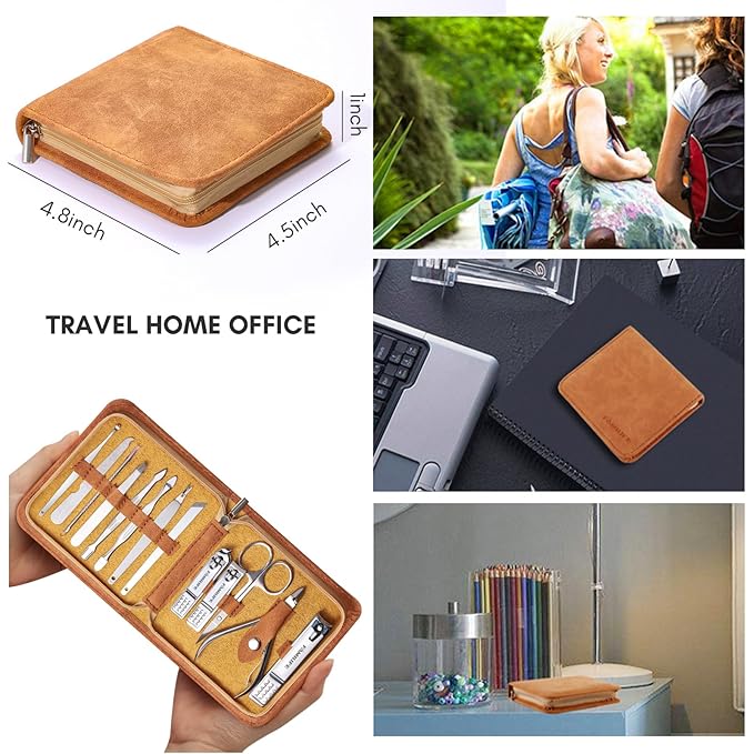 FAMILIFE Manicure Set, Nail Professional Kit Manicure Kits Nail Clipper Sets, 13PCS Stainless Steel Pedicure Sets Mens Grooming Tool, with Brown Leather Travel Case for Men-VivaGrace Women