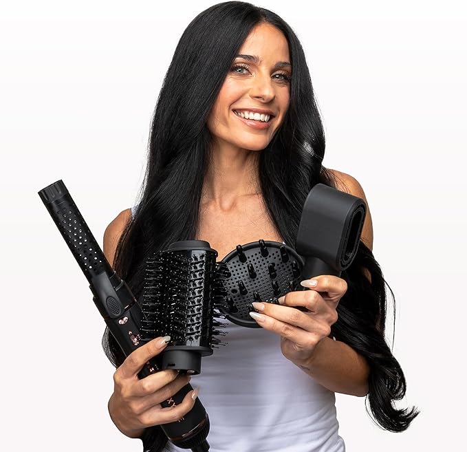 Foxybae Super Styler – 4-in-1 Blow Dryer Brush Set - Diffuser, Blowout Brush, 1.25” Curling Barrel & Drying Cylinder - Voluminous, Frizz-free Hair - Blow Dryer, Straightener & Curler [Black Rose-Gold]-VivaGrace Women