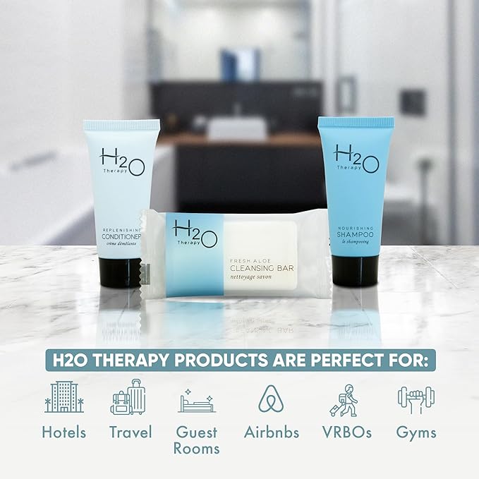 H2O Therapy Hotel Soaps and Toiletries Bulk Set | 1-Shoppe All-In-Kit Amenities for Hotels & Airbnb | 0.85 oz Hotel Shampoo & Conditioner, 1 oz Bar Soap Travel Size | 150 Pieces-VivaGrace Women