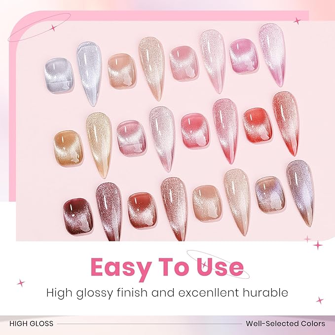 Crystal Cat Eye Gel Nail Polish 12 Colors Cateye Magnetic Nail Polish Gel Silver Nude Pink Cats Eye Gel Polish with Magnetic Stick Christmas Nail Art Manicure Salon DIY Home Gift for Women