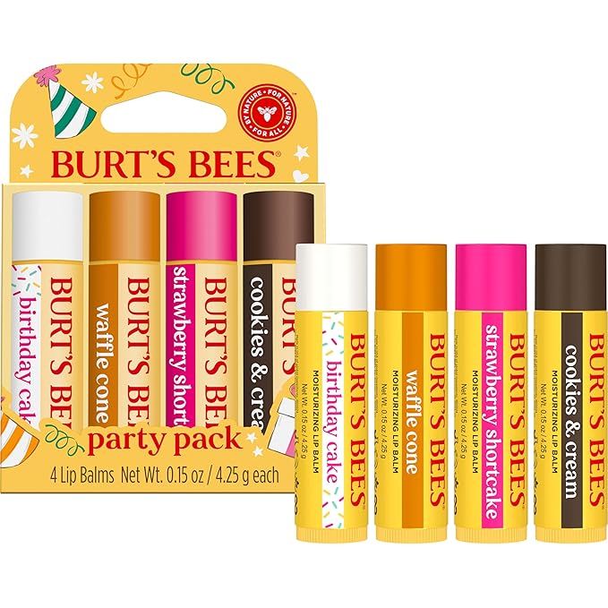 Burt's Bees Lip Balm Party Pack - Birthday Cake, Waffle Cone, Strawberry Shortcake, and Cookies & Cream, All Day Moisturizer, Tint-Free, Natural Origin Conditioning Lip Treatment, 4 Tubes, 0.15 oz.-VivaGrace Women