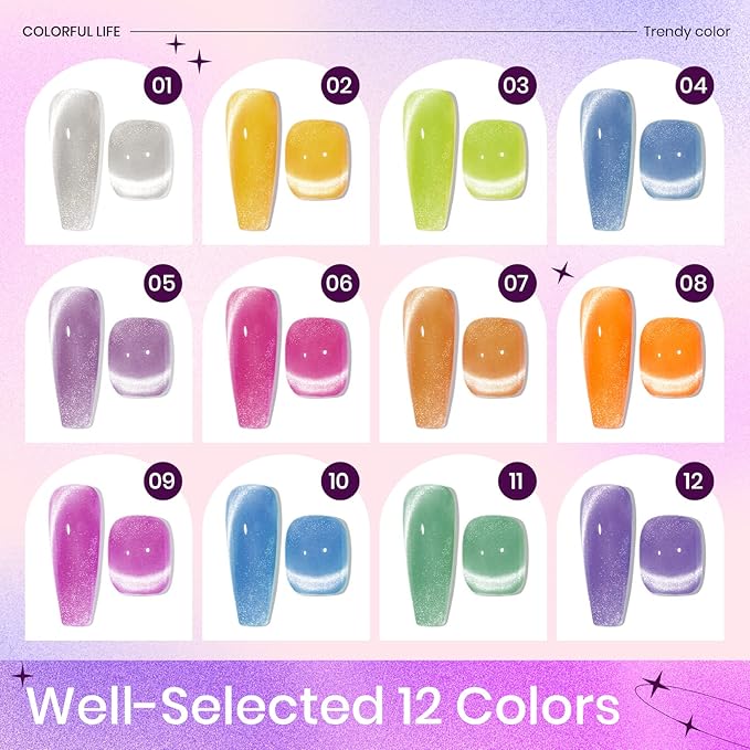 12 Colors Cat Eye Gel Nail Polish - Macaron Candy Magnetic Nail Polish Gel Set Summer Spring Cateye UV Lamp Cure Require DIY Salon Home Gift