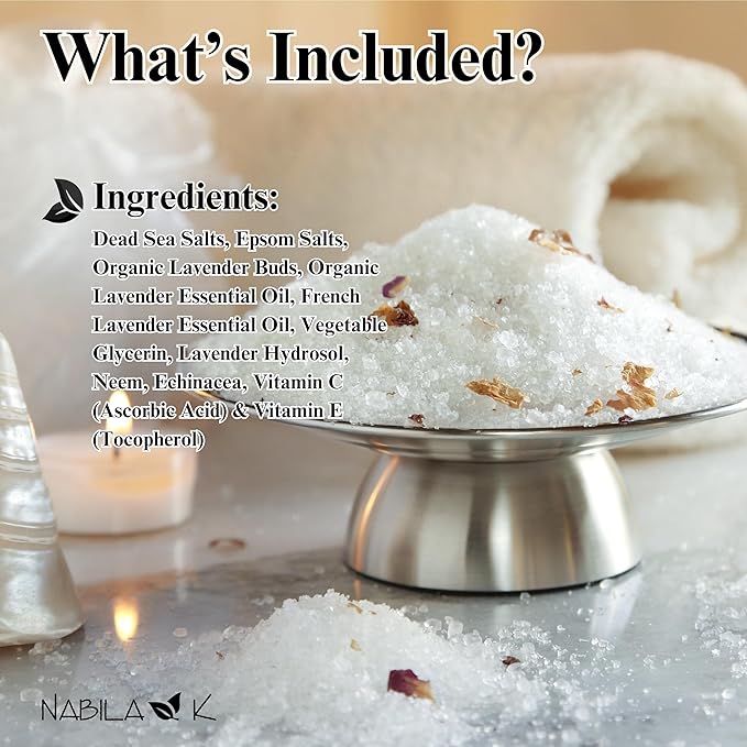 Organic Lavender Bath Salts by Nabila K - Dead Sea Salt & Epsom Salt Scrub & Soak - Exfoliates & Hydrates Skin, Botanical Essential Oils - Bubble Bath Accessories for All Skins Types, 8 oz-VivaGrace Women