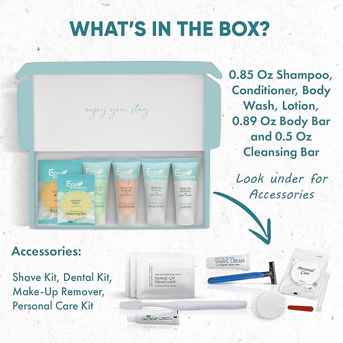 Eco Botanics Amenity & Accessory Kit | 0.85 oz Travel Size Shampoo, Conditioner, Lotion, Body Wash, Body Bar, Cleansing Bar, Shave & Dental Sets, Make-Up Remover Wipes, & Vanity Kit | 1 set per case-VivaGrace Women