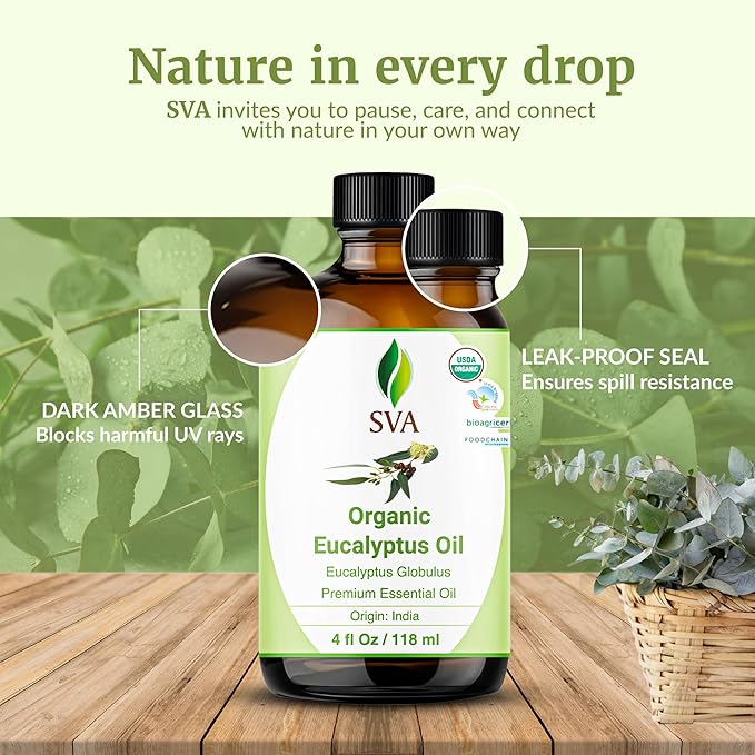 SVA Eucalyptus Essential Oil Organic – 4 Fl Oz – 100% Natural Organic Eucalyptus Oil - for Diffuser, Hair, Face, Skin Care, Aromatherapy, Scalp and Body Massage, Soap and Candle Making - with Dropper-VivaGrace Women