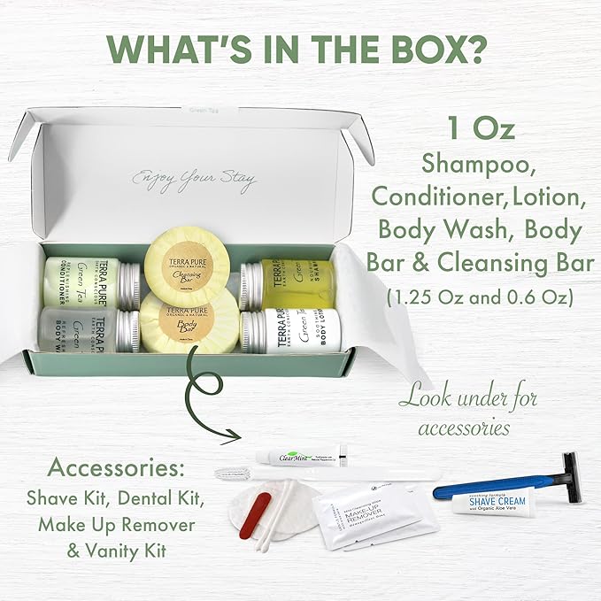 Terra Pure Green Tea Amenity & Accessory Kit | 1 oz Travel Size Shampoo, Conditioner, Lotion, Body Wash, 2 Soap Bars, Shave & Dental Sets, Make-Up Remover Wipes, & Vanity Kit | 1 set per case-VivaGrace Women