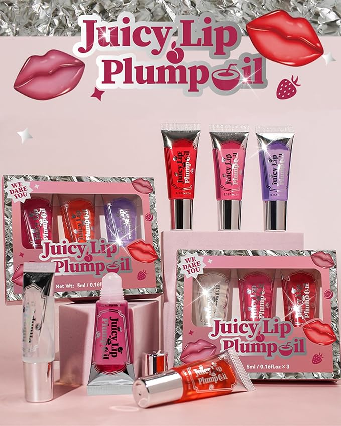 Plumping Lip Oil Kit-3Pcs Hydrating Glossier Tinted Lip Gloss,Long Lasting Lip Plumper and Pout Booster LIpgloss, Moisturizing Non-Sticky Natural Fuller Lip Tint Stain, Makeup Gift for Women-Set B-VivaGrace Women
