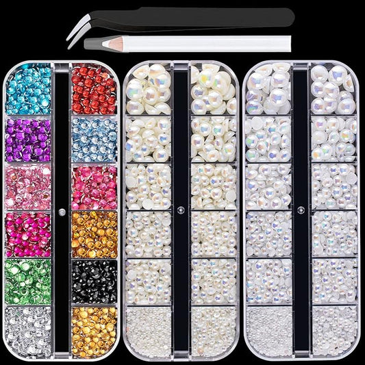 Flat Back Rhinestone+Half Round Pearl Kits Colorful Rhinestones+White AB+Beige AB Pearls With Picker Pencil And Tweezer For Home DIY And Professional Use-VivaGrace Women