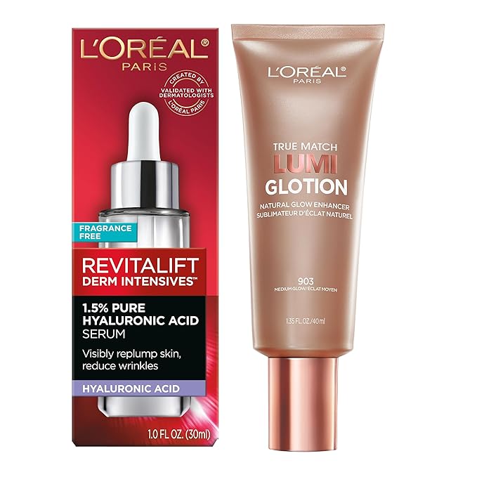 L'Oreal Paris Revitalift 1.5% Pure Hyaluronic Acid Face Serum 1.0 oz + True Match Lumi Glotion Natural Glow Enhancer Lotion, Medium 1.35 fl. oz, 1 kit-VivaGrace Women
