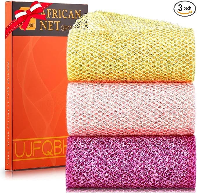 3 Piece Bright Style African exfoliating net Exfoliating Shower Set Long Bath Sponges for Smooth, Refreshed Skin, The Exterior Gleams - Ideal for Daily Use (Bright Yellow, Pink, Purple)-VivaGrace Women