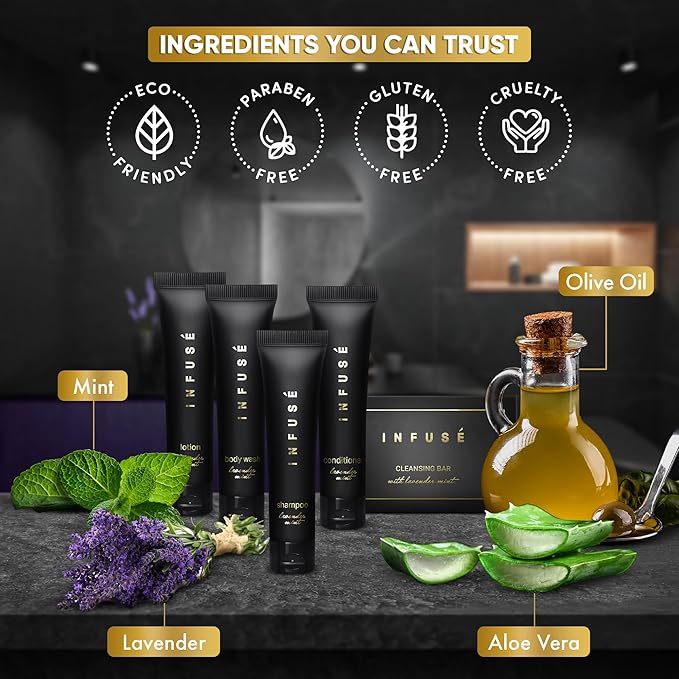 Infuse Black Amenity Kit | Boxed Hotel Toiletries | Bulk Set 1 oz Travel Size Shampoo, Conditioner, Lotion, Body Wash & Cleansing Bar for Guest Hospitality AirBnB/Vacation Rentals | 300 Pieces-VivaGrace Women