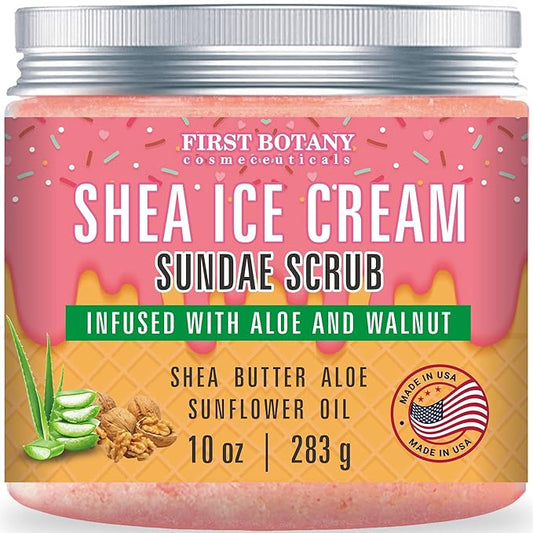 First Botany Body Scrub - Natural Exfoliating Salt Scrub & Body and Face Souffle helps with Moisturizing Skin, Acne, Cellulite, Dead Skin Scars, Wrinkles (10 fl oz, Shea Icecream)-VivaGrace Women