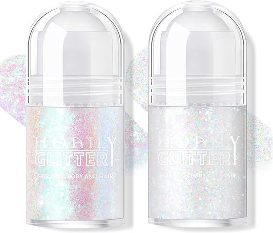 2 Colors Roll-on Body Glitter Gel, Holographic Glitter Gel Under Light for Face Hair, Body Shimmer for Rave Accessories Christmas New Year Halloween Makeup (11+13)-VivaGrace Women