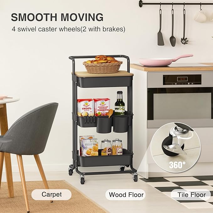DTK 3 Tier Rolling Cart Uility Cart with Cover Board, Mobile Storage Cart with Wheels, Cups, Hooks for Office Utility Kitchen Bathroom Homeschool Art Craft Postpartum Teacher Cart Organizer(Black)-VivaGrace Women