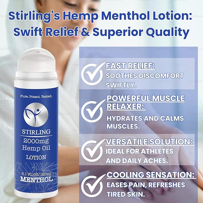 STIRLING Menthol Lotion + Hemp Oil – Maximum strength relief with cooling menthol and 100% pure hemp oil to soothe joints, relax muscles, and hydrate with aloe vera. 5 fl oz. (2000mg, Menthol)-VivaGrace Women