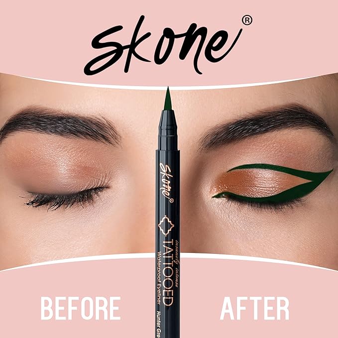 Skone Cosmetics Insanely Intense Tattooed Eyeliner Pen - Waterproof Liquid Eyeliner, Long Lasting, Sweat Proof, Smudge Proof Felt Tip Liquid Eyeliner - Pigmented Eye Liner Makeup, Hunter Green(0.07oz)