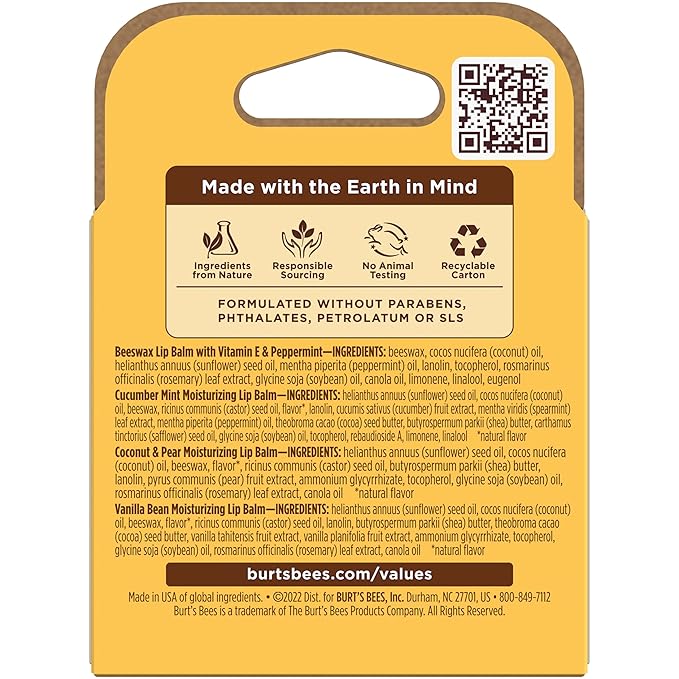 Burt's Bees Lip Balm - Beeswax, Cucumber Mint, Coconut & Pear, and Vanilla Bean Pack, With Responsibly Sourced Beeswax, Tint-Free, Natural Origin Lip Treatment, 4 Tubes, 0.15 oz.-VivaGrace Women