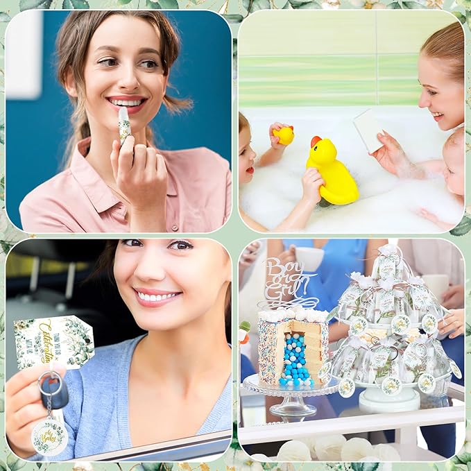 60 Sets 360 Pcs Lip Balm Soap Keychain Favors Eucalyptus Greenery Baby Shower Favors with Organza Bag Gift Card Faux Eucalyptus Greenery for Baby Shower Gift Gender Reveal Guest Prize-VivaGrace Women