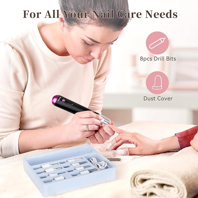 Electric Nail Drill, 8-in-1 Cordless Electric Nail File with LED Light, 5 Speeds Rechargeable Manicure and Pedicure Kit Hand Foot Care Tool for Nail Grinder Trim Polish for Women Baby-VivaGrace Women