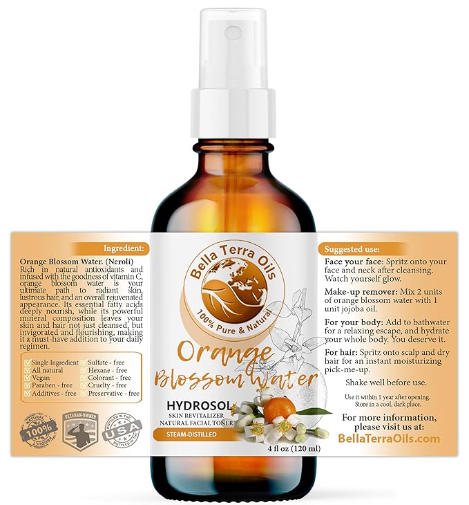 Bella Terra Oils - Organic Neroli Water 4oz - Naturally Distilled Orange Blossom Mist for a Refreshing Glow-VivaGrace Women
