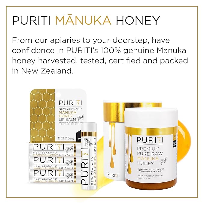 PURITI Manuka Honey Lip Balm – 3pack Soothing & Moisturizing, Enriched with Almond, Jojoba, Macadamia Oils, Cocoa Butter, Hydrating for Dry & Chapped Lips, 100% Genuine New Zealand Manuka Honey-VivaGrace Women