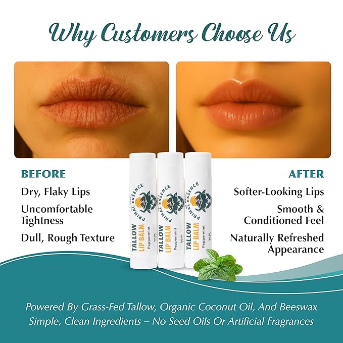 Moisturizing Tallow Lip Balm – Grass-Fed Beef Tallow with Organic Coconut Oil, Beeswax, and Vitamin E – Peppermint – Lip Balm Set – Travel Essential – 3-Pack-VivaGrace Women