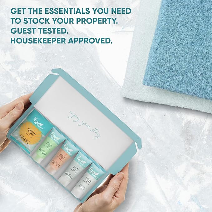 Eco Botanics Amenity Kit | Boxed Hotel Toiletries | Bulk Set 0.85 oz Travel Size Shampoo, Conditioner, Lotion, Body Wash & Body Bar Soap for Guest Hospitality AirBnB/Vacation Rentals | 1 set per case-VivaGrace Women