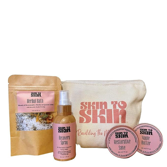 Skin to Skin Postpartum Kit-4 Piece Set in Cosmetic Bag - Postpartum Recovery - Includes: Herbal Bath, Recovery Spray, Restorative Salve, and Nipple Butter - Postpartum Care Kit - After Birth Care Kit-VivaGrace Women
