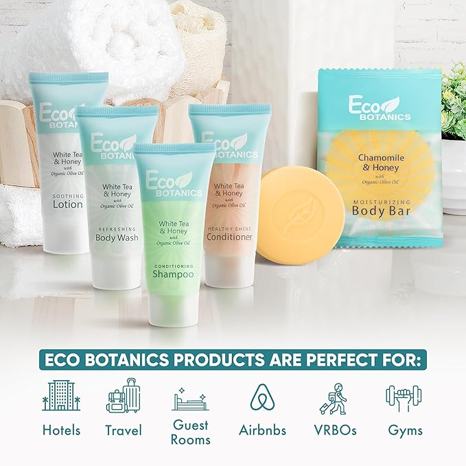 Eco Botanics Hotel Soaps & Toiletries Bulk Set | 0.85oz Hotel Shampoo & Conditioner, Body Wash, Body Lotion & Bar Soap Travel Size | Half Pallet, 36 cases with 300 units each - 10,800 pieces-VivaGrace Women