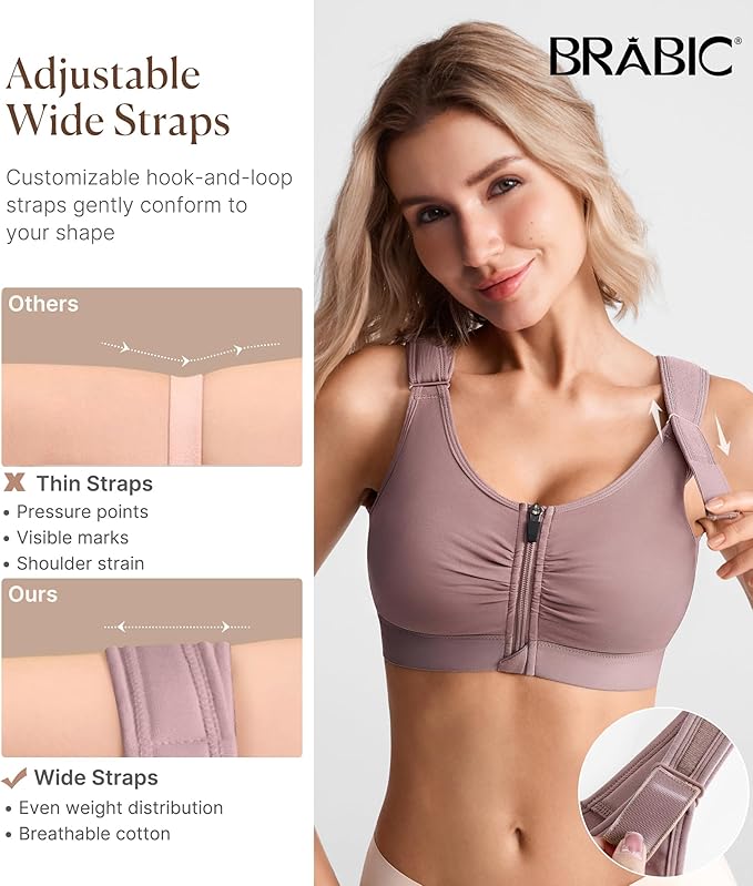 BRABIC Zip Front Closure Everyday Bra for Women Post Surgery Compression Support with Adjustable Straps Wirefree-VivaGrace Women