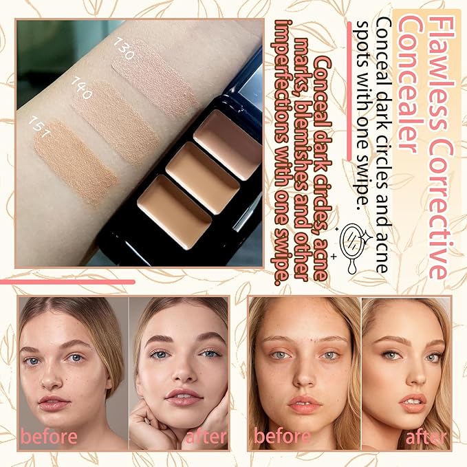 3 Colors Corrector Palette,Moisturizing Long Lasting Waterproof Cream Contour Makeup Palette,Color Correcting Concealer,Natural Flawless Full Coverage Liquid Foundation Set with Makeup Brushes-VivaGrace Women