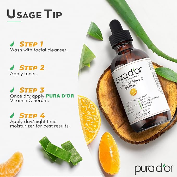 PURA D'OR 20% Vitamin C Serum 4 Oz - Lightweight Maximum Strength Formula - Retinol, Hyaluronic Acid, Ferulic Acid - Professional Grade Treatment For Face & Eyes, Wrinkles - Men & Women-VivaGrace Women