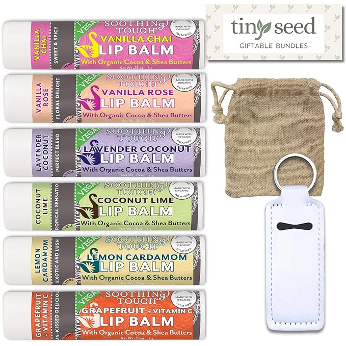 Vegan Lip Balm Set - Pack of 6 Soothing Touch Lip Balms. Includes Muslin Pouch and Lip Balm Holder (White): Lavender Coconut, Vanilla Chai, Vanilla Rose, Coconut Lime, Lemon Cardamom, Grapefruit-VivaGrace Women