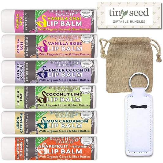 Vegan Lip Balm Set - Pack of 6 Soothing Touch Lip Balms. Includes Muslin Pouch and Lip Balm Holder (White): Lavender Coconut, Vanilla Chai, Vanilla Rose, Coconut Lime, Lemon Cardamom, Grapefruit-VivaGrace Women