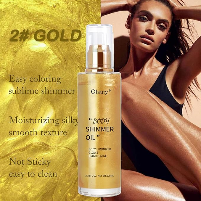 Shimmer Body Oil-Gold Face Brighten Glow Pearl Highlighter Liquid Illuminator Body Glow Oil,4 Color Bronze Makeup Glitter Body Shimmer Oil with Makeup Brush-VivaGrace Women