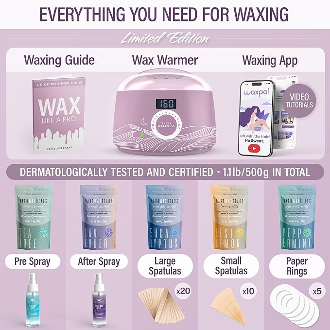 Tress Wellness Waxing Kit for Sensitive Skin – Safe for Face & Skin, Prep & Aftercare Spray, Easy to Use – At-Home Kit for Face, Bikini, Brazilian & Full Body - Digital Display, Misty Lilac-VivaGrace Women