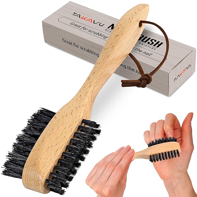 Takavu Nail Brush Black Boar Bristles, Natural Wood Handle, Nail Cleaning Brush for Scrubbing Fingernail Toenail Hand Feet, Dual Sided for Regular Manicure Nail Care Hygiene-VivaGrace Women