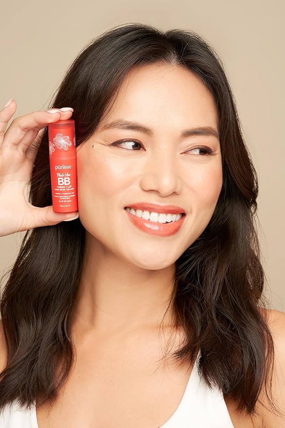 pürlisse Blush Glow BB Lip and Cheek Tint - Hydrating & Buildable 2-in-1 Cream Blush Stick for Cheeks & Lips - Formulated with Nourishing Vitamin E & Hyaluronic Acid - Peach Please (.28 oz)-VivaGrace Women