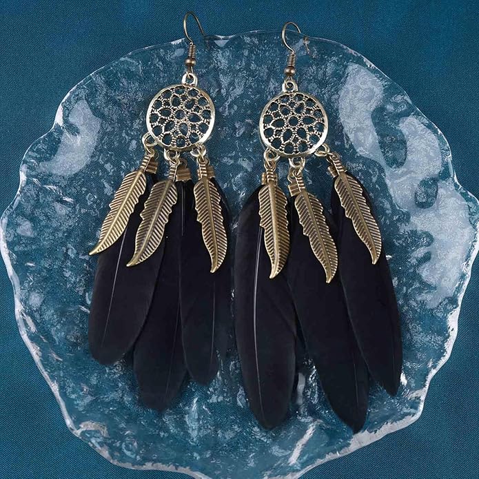 Boho Black Feather Dangle Earrings Long Feather Tassel Earrings Vintage Tribal Feather Earrings Gold Feather Drop Earrings Jewelry for Women-VivaGrace Women