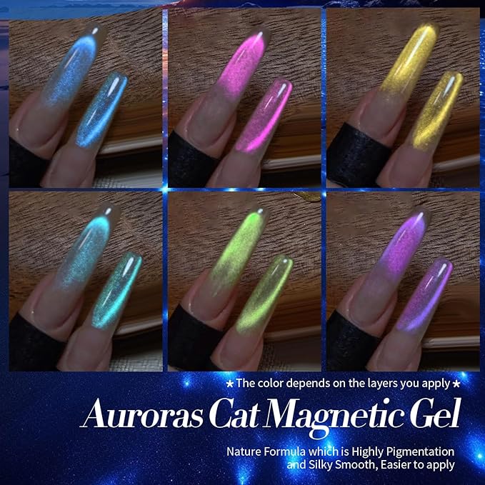 Born Pretty Cat Magnetic Eye Gel Nail Polish Aurora Mermaid Blue Purple Pink Yellow Red Gel Polish Glass Holographic Glitter Gel Nail Polish for Nail Art Manicure Salon DIY 6PCS 7ML-VivaGrace Women