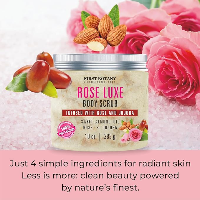 First Botany Body Scrub - Natural Exfoliating Salt Scrub & Body and Face Souffle helps with Moisturizing Skin, Acne, Cellulite, Dead Skin Scars, Wrinkles (10 fl oz, Rose)-VivaGrace Women