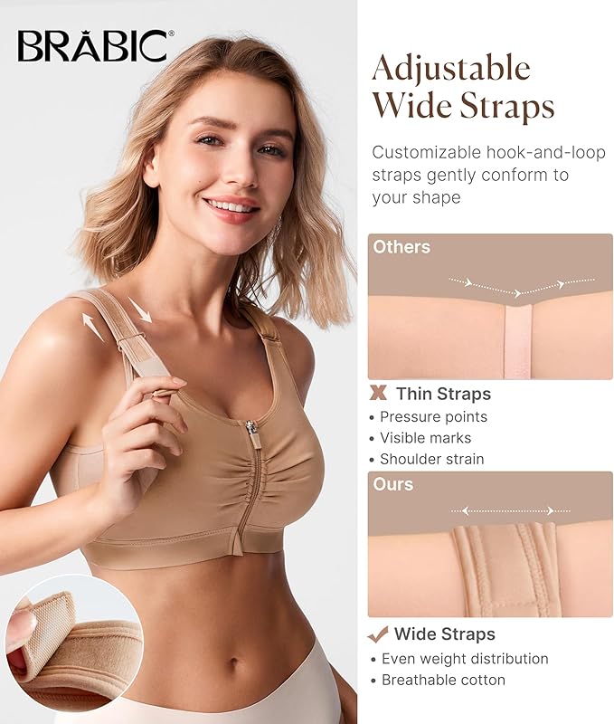BRABIC Zip Front Closure Everyday Bra for Women Post Surgery Compression Support with Adjustable Straps Wirefree-VivaGrace Women
